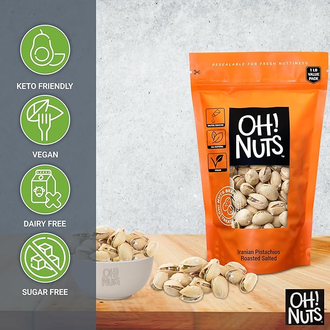 Oh! Nuts Pistachios Iranian Style - Roasted Lightly Salted - 1 lb - Shelled Whole Nuts - Packed in New York Zip-Seal Bag for Exceptional Freshness