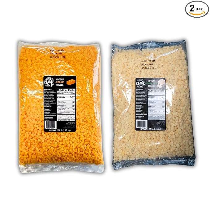 Bearded Butchers High-Temp Cheddar & Pepper Jack Cheese, Pack of 2 (2.5 lb Bags Each) ??5 lbs Total, Shelf-Stable 1/4-Inch Cubes for Up to 25 lbs of Meat Per Bag, 400째F High-Temperature Cheese ??Perfect for Sausages, Brats, Snack Sticks, Burgers, and More