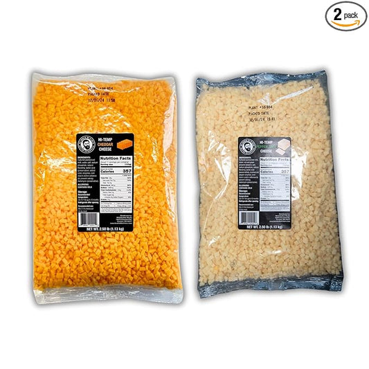 Bearded Butchers High-Temp Cheddar & Pepper Jack Cheese, Pack of 2 (2.5 lb Bags Each) ??5 lbs Total, Shelf-Stable 1/4-Inch Cubes for Up to 25 lbs of Meat Per Bag, 400째F High-Temperature Cheese ??Perfect for Sausages, Brats, Snack Sticks, Burgers, and More