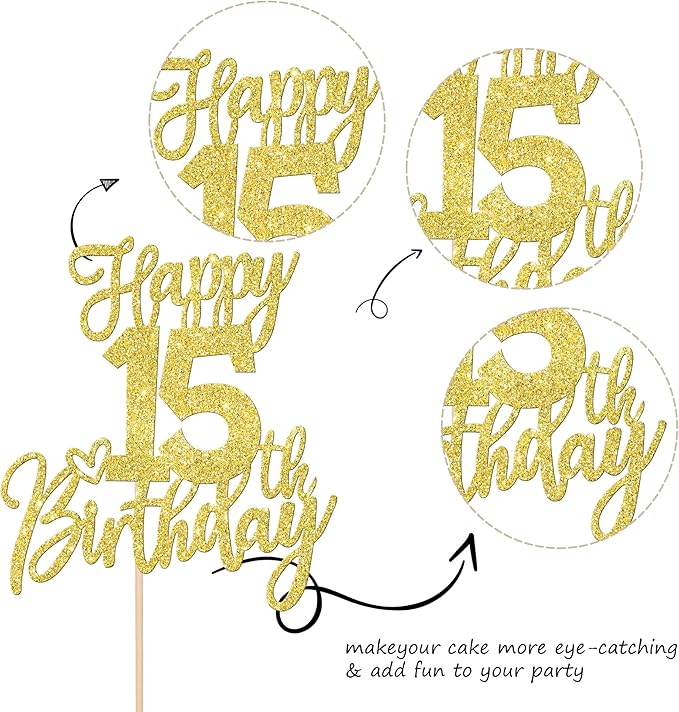 1 PCS Happy 15th Birthday Cake Topper Glitter Cheers to 15 Years Birthday Cake Pick Sweet 15 Fabulous Cake Decoration for Happy 15th Birthday Anniversary Theme Party Decorations Supplies Gold