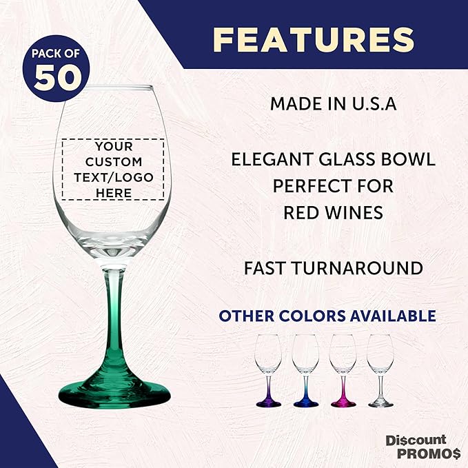 Custom Rioja Wine Glasses with Stem 10 oz. Set of 50, Personalized Bulk Pack - Color Bottom, Perfect for Wedding, Party Favors, Birthday, Bridal Shower Gifts - Green