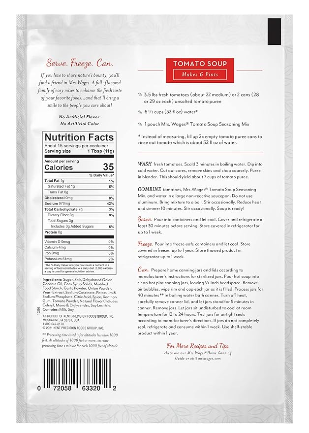 Mrs. Wages Tomato Soup Seasoning Mix, Easy-To-Use, Simple Homemade Tomato Soup, Great Flavor, Easy To Freeze or Serve Fresh, Naturally Flavored, 5.5 oz Packet (Value Pack of 6)