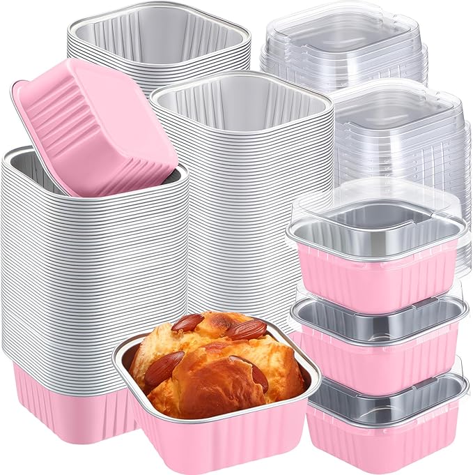 200 Pack 5 oz Square Baking Cups with Lids Aluminum Foil Mini Cake Pans with Lids Disposable Ramekins Tins Dessert Containers Cupcake Pans for Souffle Home Wedding Birthday Party Picnic (Pink)