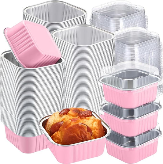 200 Pack 5 oz Square Baking Cups with Lids Aluminum Foil Mini Cake Pans with Lids Disposable Ramekins Tins Dessert Containers Cupcake Pans for Souffle Home Wedding Birthday Party Picnic (Pink)