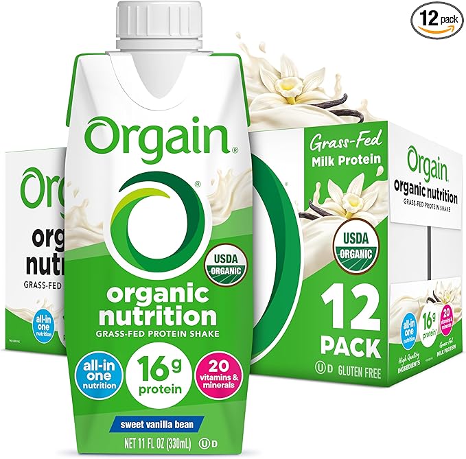 Orgain Organic Nutritional Protein Shake, Vanilla Bean - 16g Grass Fed Whey Protein, Meal Replacement, 20 Vitamins & Minerals, Fruits & Vegetables, Gluten Free, Non-GMO, 11 Fl Oz (12 Pack)