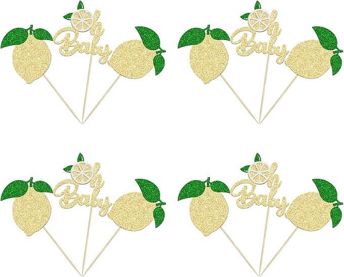 24Pcs Lemon Oh Baby Cupcake Toppers Glitter Fruit Theme Oh Baby Lemonade Party Cupcake Picks for Lemon Theme Baby Shower Kids Boys Girls Birthday Party Cake Decorations Supplies