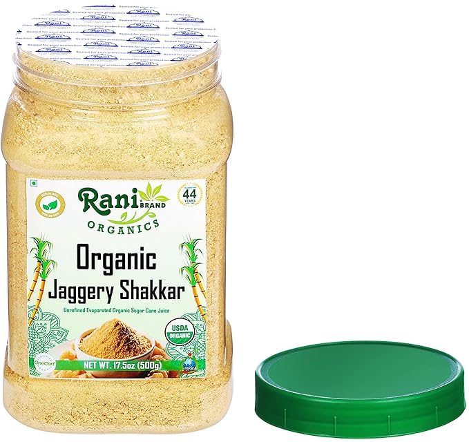 Rani Organic Jaggery Shakkar (Unrefined Evaporated Organic Sugar Cane Juice) 17.5oz (1.1lbs) 500g PET Jar ~ Gluten Friendly | Vegan | NON-GMO | No Salt or fillers | USDA Certified Organic