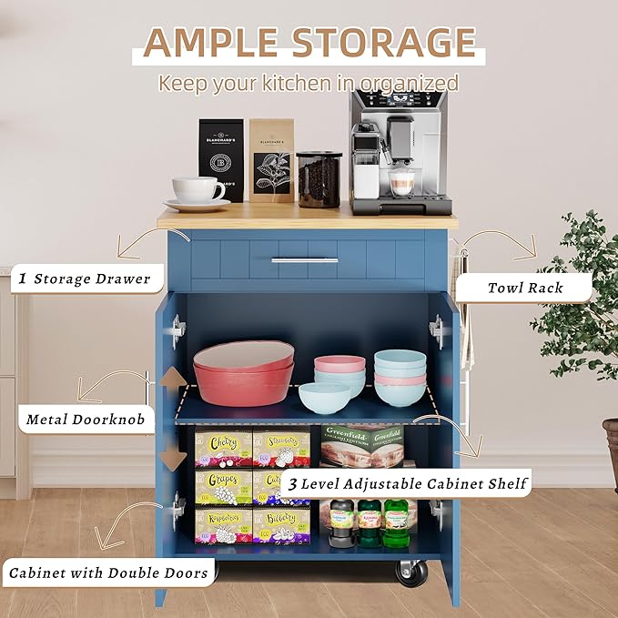 Shintenchi Kitchen Island Cart with Storage,Rolling Kitchen Island Side Table on Wheels with Large Worktop,Storage Cabinet,Towel Rack and Drawers for Kitchen,Dinning Room, Blue