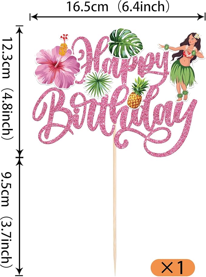 Rsstarxi 1 Pack Hawaii Luau Birthday Cake Topper Luau Cake Decorations Hula Aloha Turtle Leaves Cake Pick for Summer Baby Shower Birthday Hawaiian Tropical Party Decorations Pink