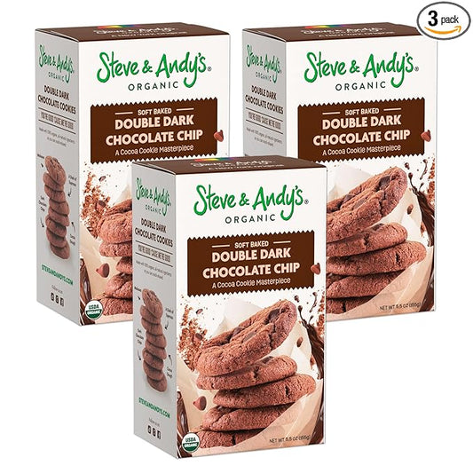 Steve & Andy?™s Deliciously Induldent Soft Bake Double Dark Chocolate Chip Cookies ??Organic, Gluten Free, Non-Gmo, Nut Free, Wheat Free, Soy Free ??16.5 Oz, 3 Boxes (30 Cookies)