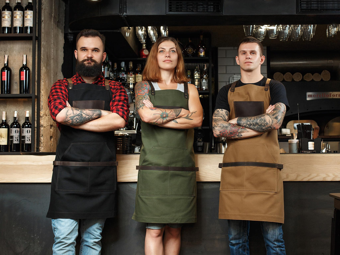 Black Apron in Canvas and Leather for Chef Work Bartender Barista Barber Shop Grill Master olpr.