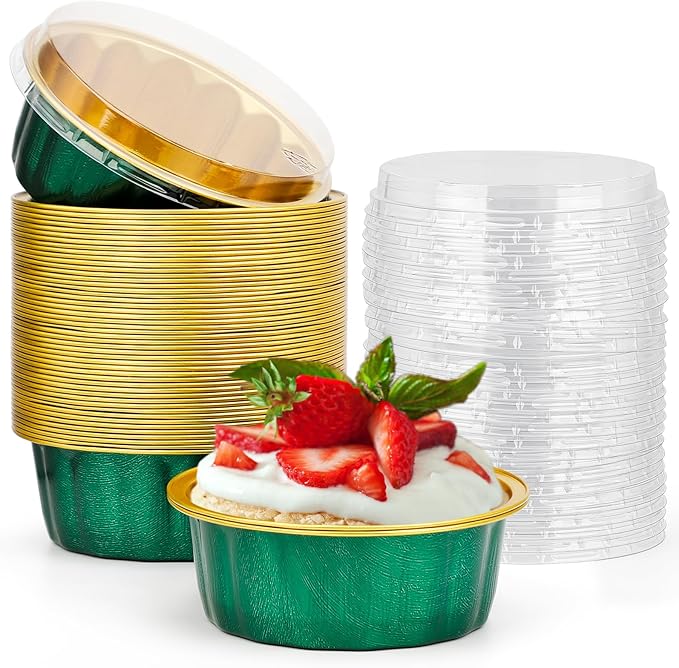 Beasea Disposable Ramekins with Lids, 8oz 50 Pack Aluminum Cups for Baking Jade Green, Aluminum Foil Cups Creme Brulee Muffin Cupcake Baking Cup Mini Pudding Cups for Party Wedding Birthday