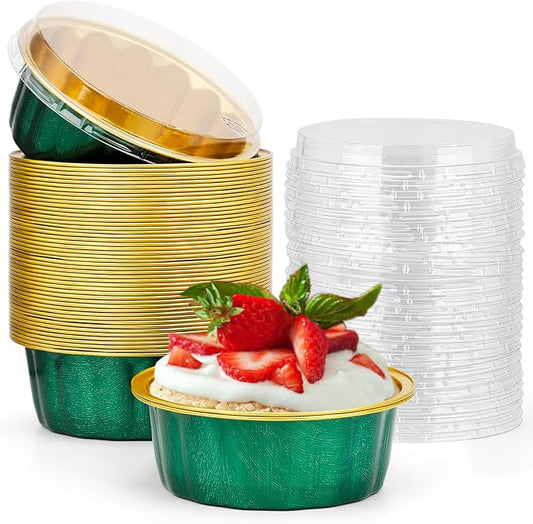 Beasea Disposable Ramekins with Lids, 8oz 50 Pack Aluminum Cups for Baking Jade Green, Aluminum Foil Cups Creme Brulee Muffin Cupcake Baking Cup Mini Pudding Cups for Party Wedding Birthday