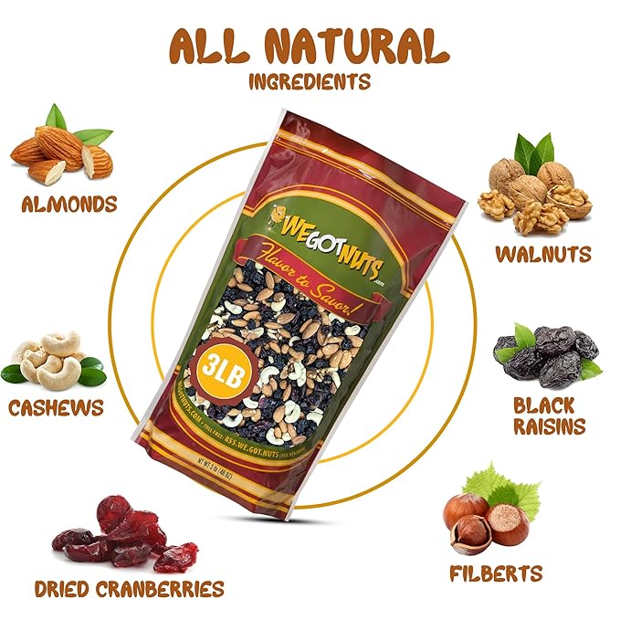 We Got Nuts Trail Mix Premium Blend with Almonds, Cashews, Cranberries, Raisins,Filberts and Walnuts Kosher Certified 3 lb Resealable Bag