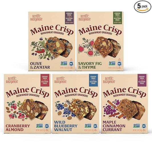 Maine Crisp Variety 5 Pack, Gluten Free Crackers – Snack Crackers, Grain Free, Non-GMO - Cranberry Almond, Cinnamon Maple, Savory Fig & Thyme, Wild Blueberry Walnut, Olive & Za'atar, For Cheese Boards, Salad Toppings & Jams