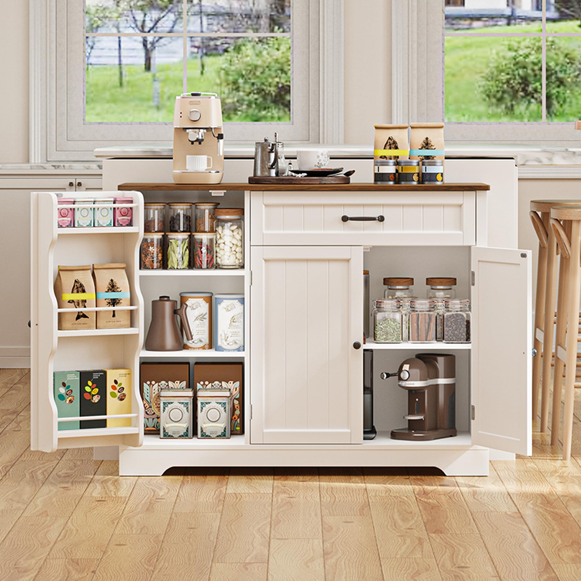 Gizoon Kitchen Coffee Bar Cabinet with Storage, White and Rustic
