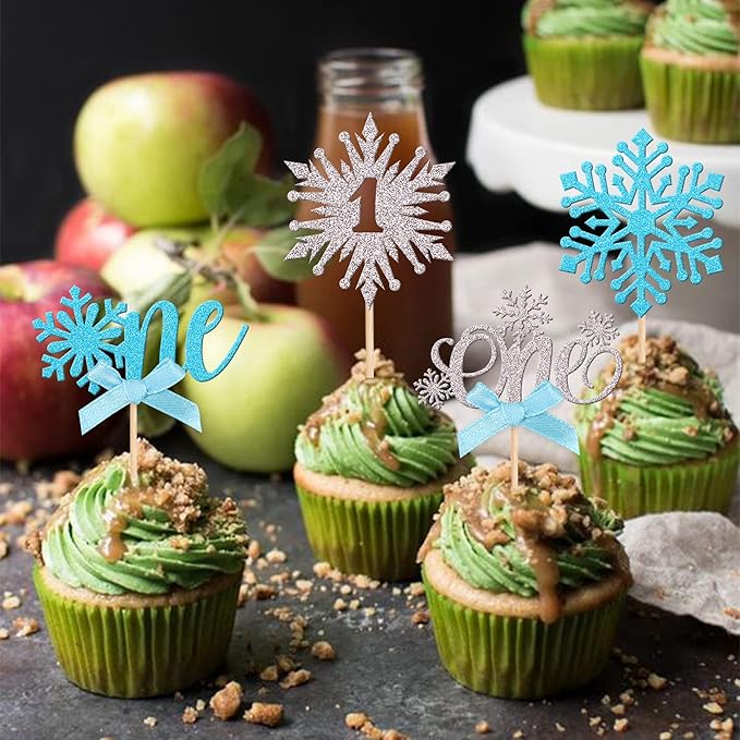 24 PCS Snowflake One Cupcake Toppers with Glitter Bow First Birthday Snowflake Cupcake Picks for Winter Onederland Theme Baby Shower Kids 1st Birthday Party Cake Decorations Supplies Silver Blue
