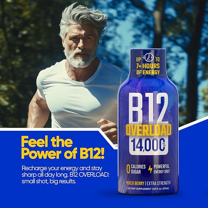 B12 Overload Extra Strength Energy Shot ??Mixed Berry ??260mg Caffeine, 14000% B12, Electrolytes ??Energy & Vitality Support ??Zero Sugar No Calories ??Vegan, Kosher, Gluten-Free ??1.93 fl oz, 12-Pack