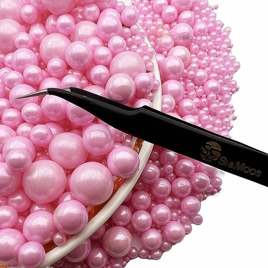 Pink Edible Pearl Sprinkles for Cake Decorating 5.1 OZ Pink Edible Pearls Edible Cupcake Decorations Halloween Christmas Cookie Decorations Edible Sugar Pearls for Cakes,Cupcakes Toppers Baby Shower Wedding Supplies with Tweezers
