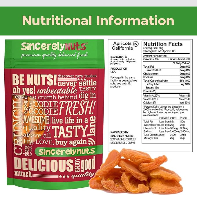 Sincerely Nuts - Dried Jumbo California Apricots | Two Lb. Bag | Dehydrated | Sweet Gourmet Snacking Food | Kosher and Gluten Free