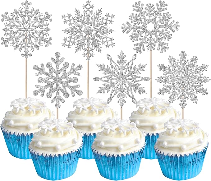 Rsstarxi 24 Pack Snowflake Cupcake Toppers Silver Glitter Winter Frozen Theme Cupcake Picks for Snowflake Winter Wonderland Baby Shower Kids Birthday Christmas Party Cake Decorations