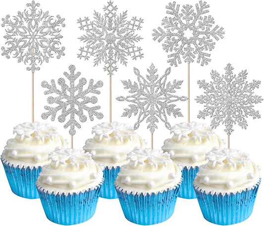 Rsstarxi 24 Pack Snowflake Cupcake Toppers Silver Glitter Winter Frozen Theme Cupcake Picks for Snowflake Winter Wonderland Baby Shower Kids Birthday Christmas Party Cake Decorations