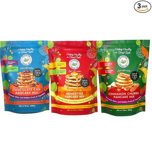 Hidden Foods Variety Pancake Mix 3-Pack | Cinnamon Churro, Homestyle & Chocolate Pancake Mixes | Protein & Fiber, Made with Natural Ingredients, Fruits, Vegetables, Wheat & Oat Flour | Just Add Water