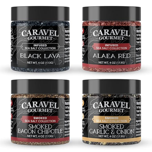 Infused Sea Salt Mega Sampler: Smoked Bacon Chipotle, Salt & Pepper, Garlic Herb, and Black Lava Sea Salts, 4 oz Jar 4-Pack, Caravel Gourmet
