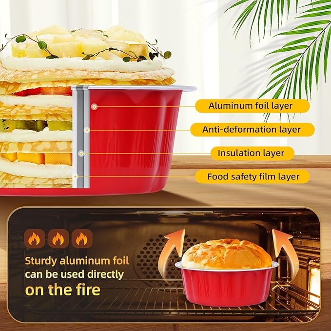 Beasea Disposable Ramekins for Baking, 120 Pack 8 oz 4 Inch with Lids Mini Red Foil Creme Brulee Aluminum Baking Cups Small Round Cupcake Tart Pie Tins Pans Individual Containers Oven Safe