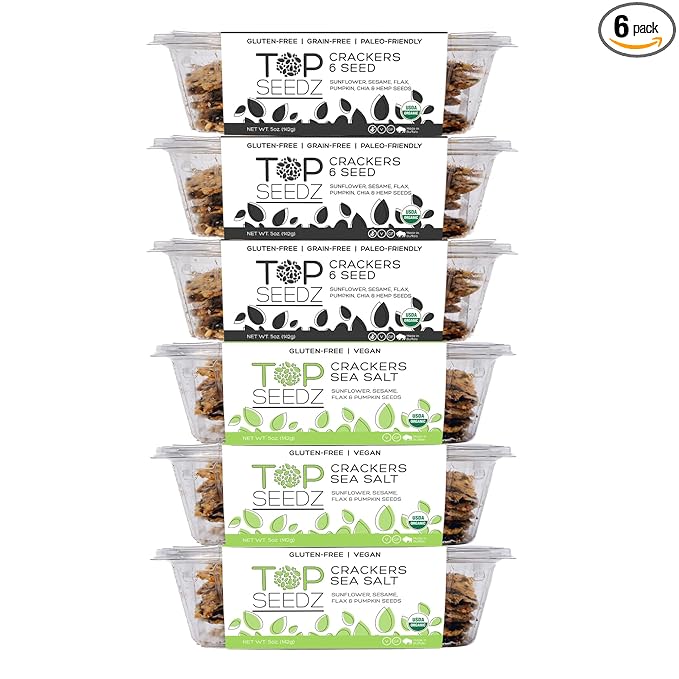 Top Seedz Certified Organic Gluten Free Sea Salt & 6 Seed Crackers | 6-Pack | 5 Ounces | Healthy Vegan Crackers with Plant Based Protein | Made of Sunflower, Flax, Sesame and Pumpkin Seed
