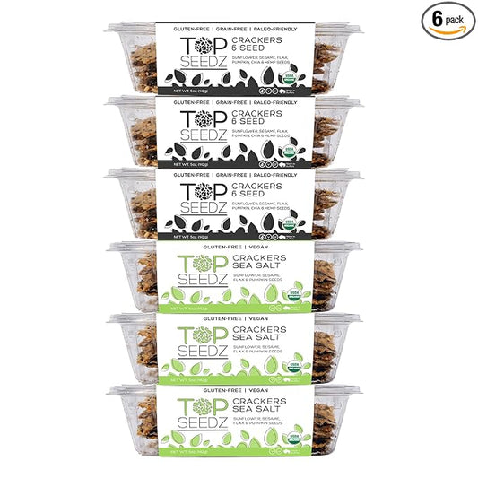 Top Seedz Certified Organic Gluten Free Sea Salt & 6 Seed Crackers | 6-Pack | 5 Ounces | Healthy Vegan Crackers with Plant Based Protein | Made of Sunflower, Flax, Sesame and Pumpkin Seed