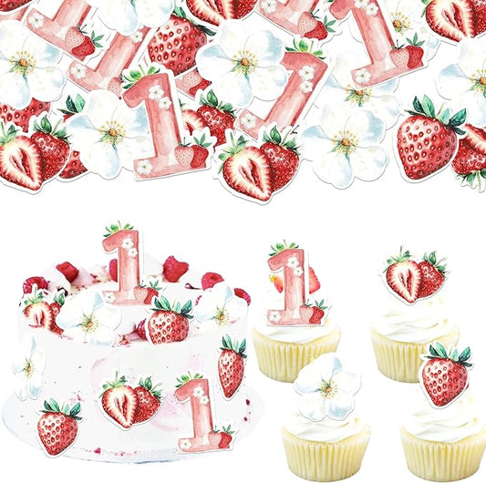 60 PCS Edible Sweet One Strawberry Cupcake Toppers Flower Strawberry First Birthday Cake Decorations Edible Berry Strawberry Cupcake Picks for Baby Shower 1st Birthday Party Food Decorations Supplies