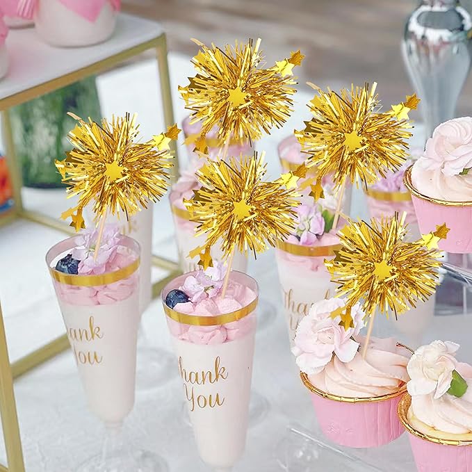 Rsstarxi 30 Pack Gold Firework Cupcake Toppers Birthday Cupcake Toppers Sparkle Tinsel Flower Drink Stirrers Cocktail Toothpicks for New Years Valentine's Day Party Cake Decorations