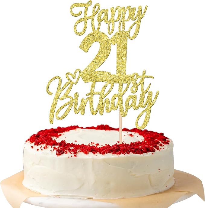 1 PCS Happy 21st Birthday Cake Topper Glitter Cheers to 21 Years Birthday Cake Pick Twenty One 21 Fabulous Cake Decoration for Happy 21st Birthday Anniversary Party Decorations Supplies Gold