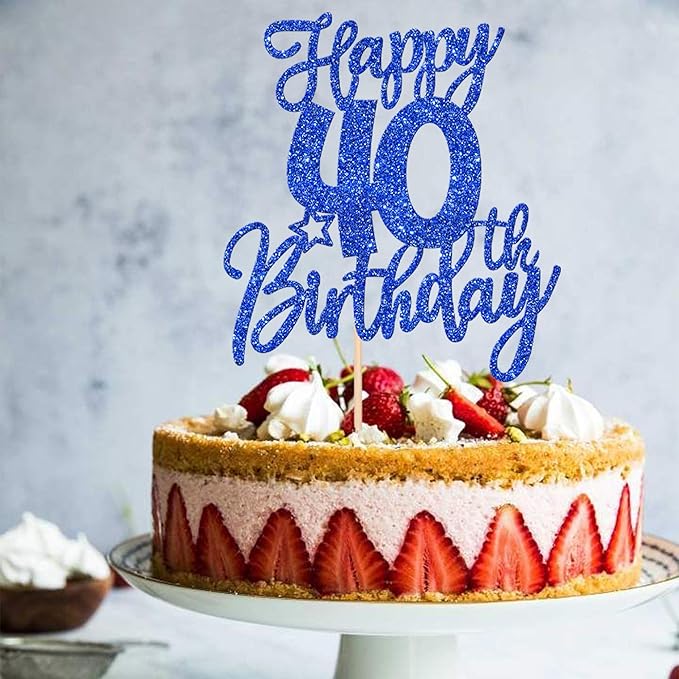 1 PCS Happy 40th Birthday Cake Topper Glitter Cheers to 40 Years Birthday Cake Pick Forty Hello 40 Fabulous Cake Decoration for Happy 40th Birthday Anniversary Party Decorations Supplies Blue
