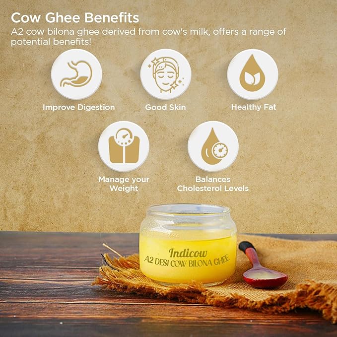 Indicow A2 Desi Cow Ghee, Clarified Butter | Grass Fed Cows | (500ml (16.91oz), A2 Kankrej Cow Ghee) | Keto and Paleo Friendly| a2 ghee organic grass fed