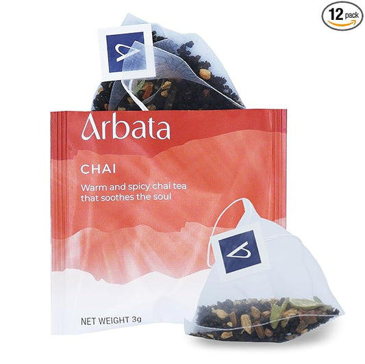 Arbata Chai Tea, 12 Pyramid Tea Bags Caffeinated Black Tea, Artisinal Naturally Flavored Spiced Masala Chai with Ginger, Cinnamon, Cardamom