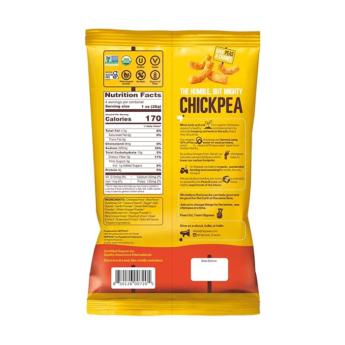 Hippeas Chickpea Puffs, Sriracha Sunshine, 4 Ounce (Pack of 1), 4g Protein, 3g Fiber, Vegan, Gluten-Free, Crunchy, Plant Protein Snacks