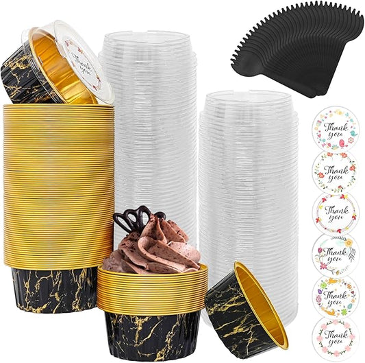 100 Pack Aluminum Foil Cupcake Baking Cups w Lids Spoons and Stickers for Birthday Party Decoration Supplies, 5oz Mini Cake Pans Disposable Ramekins Cups Cheesecake Containers for Wedding, Marble