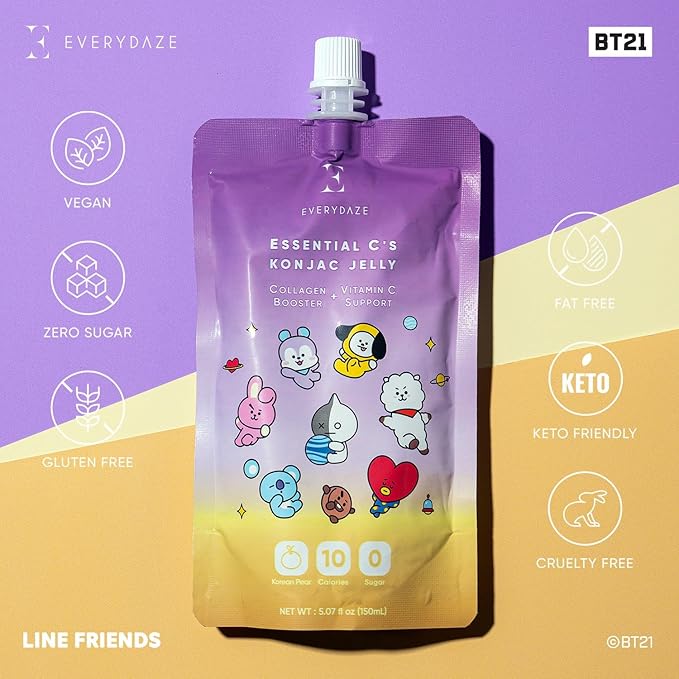 EVERYDAZE BT21 Essential C?셲 Konjac Jelly | Korean Pear | Vegan Collagen Peptides and Vitamin C | Gluten Free, Sugar Free, Low Calorie | Healthy Drinkable Fruit Snack | 10 Pack Box Food Drink Pouch
