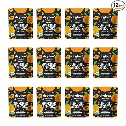 Drybox Unsulfured Sun Dried Turkish Apricots 12 Lunch Packs, Unsweetened No Sugar Added, Non-GMO Organic Dry Apricots for School, Gym, and Office | 2 oz per Portion Pack, 12 Packs Family Size