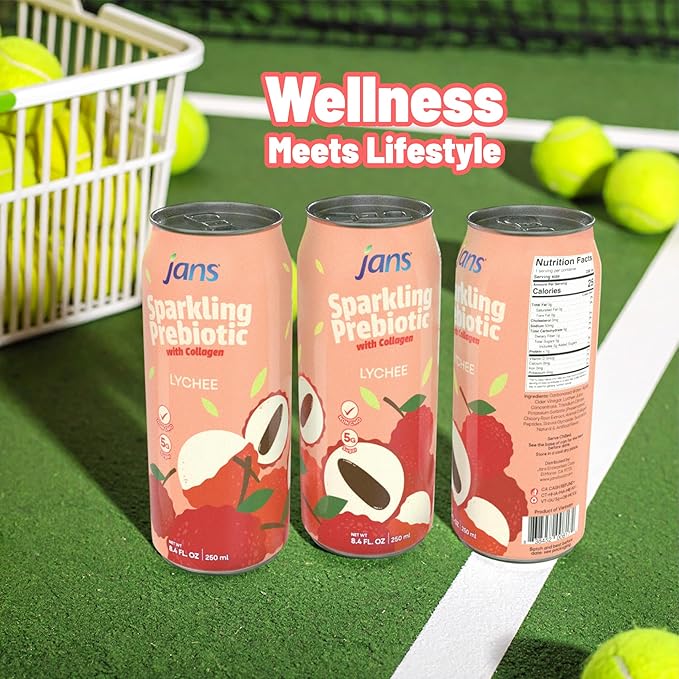 Jans Sparkling Prebiotic with Collagen Soda Beverage ??Lychee 8.4 Fl Oz (6-Pack) ??Low Calorie, NO Added Sugar, Non-GMO Sparkling Fruit Beverage, Gut Health Support