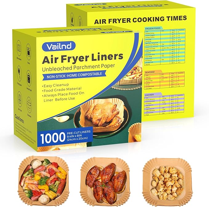 1000 Pcs Air Fryer Paper Liners, 8" Square Air Fryer Liners Disposable, Heavy-Duty Parchment Paper for 5-8 qt Airfryer Basket, Non-Stick & Grease-Proof Baking Liner for Oven Pan