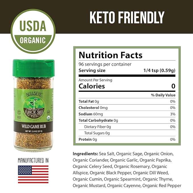Flavor Seed Bullseye Organic Wild Game Rub - Premium Seasoning for Venison, Elk, Duck, and More - Meat Seasoning Gift for Hunters - Gluten-Free, Non GMO, No MSG, Keto Friendly – 2 oz Shaker Jar
