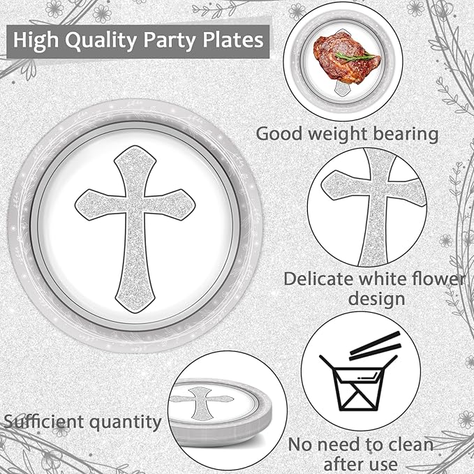 96Pcs Baptism Cross Plates and Napkins First Holy Communion Birthday Party Decorations Gray Religious Christening Ceremony Dessert Plates Tableware Set for 24 Guests Cross Baptism Party Supplies