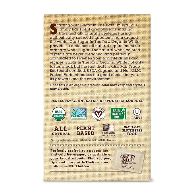 Sugar In The Raw Organic Granulated White Premium Cane Sugar, No Added Flavors or erythritol, Pure Natural Sweetener, Hot & Cold Drinks, Coffee, Tea Vegan, Gluten-Free, Non-GMO, Bulk Sugar, 250 ct packets (1-Pack)