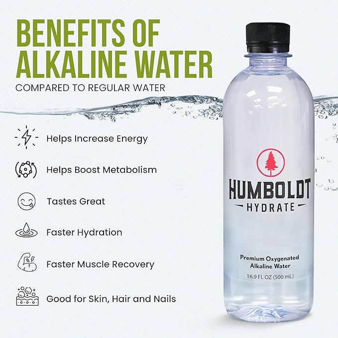 Humboldt Hydrate Bottled Alkaline Water - Infused with Electrolytes ??Ionized Case of Water 99.9% Pure - 8+ pH water for Smooth Clean Taste 16.9 FL OZ - BPA Free Bottled Water 12 Pack (500 ML)