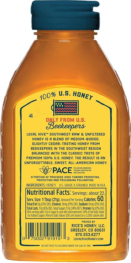 Local Hive Southwest Raw Unfiltered Honey – 16 oz, 100% Pure US Honey, Sourced from American Bees and Beekeepers - Natural Sweetener, Ideal for Tea, Baking, and Cooking