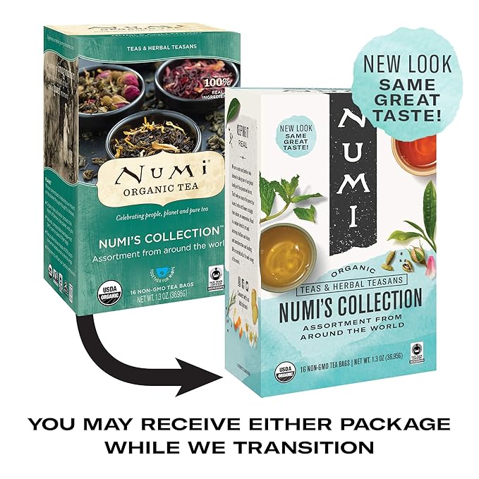 Numi Organic Tea Numi's Collection Variety Pack, 16 Tea Bags, Black, Green, White, Pu-erh, Mat챕, & Herbal, Packaging May Vary