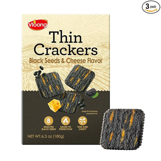 Vloong Black Seeds & Cheese Flavor Thin Crackers, Healthy Snacks with Individual Packs, Baked Crisps with No Artificial Flavors (3 Pack,18.9 Ounce) Black Wheat, Black Millet, Black Rice, Black Bean, Black Peanut, Black Sesame with Cheddar